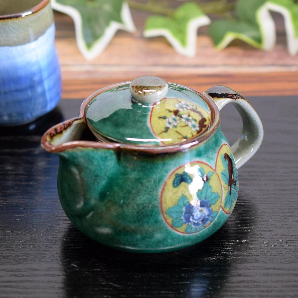 Waza No Kura Stylish Japanese Tableware Kutani Ware Teapot Green Circle Pattern with Tea Strainer Ceramic Brand Tableware Made In Japan Birthday Gift