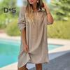 Lady Beach Shirt Dress with Cufflinks Thin Loose Side Slit Midi Dress Turn-down Collar Long Sleeve Dress for Vacation Daily Wear