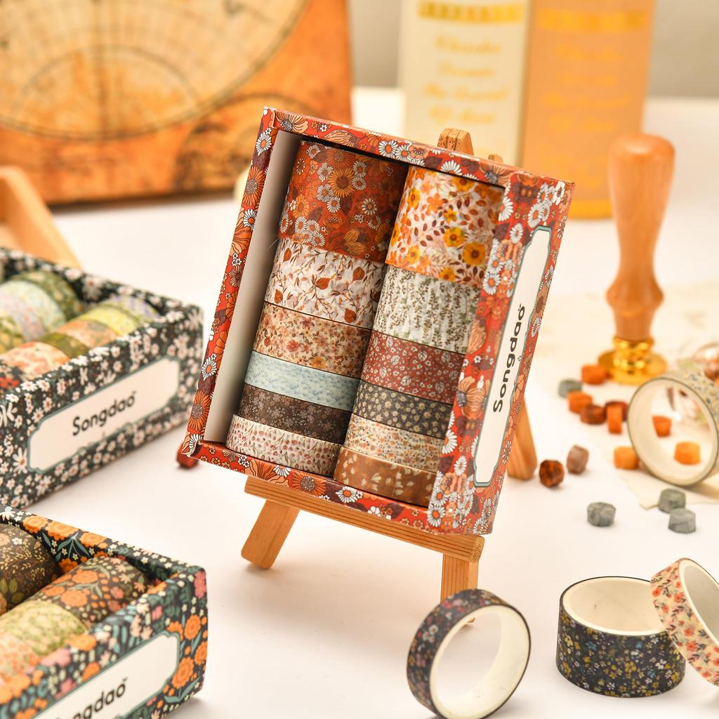 Songdao Floral Masking Tape Blooming Garden Washi Tape for DIY Crafts 12-Roll Set, Design, Women, Packaging, (Autumn Twilight)