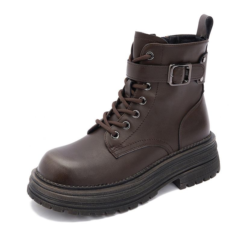 

Leather platform Martin boots women s 2025 new autumn and winter models brown velvet British style short boots warm boots women 35