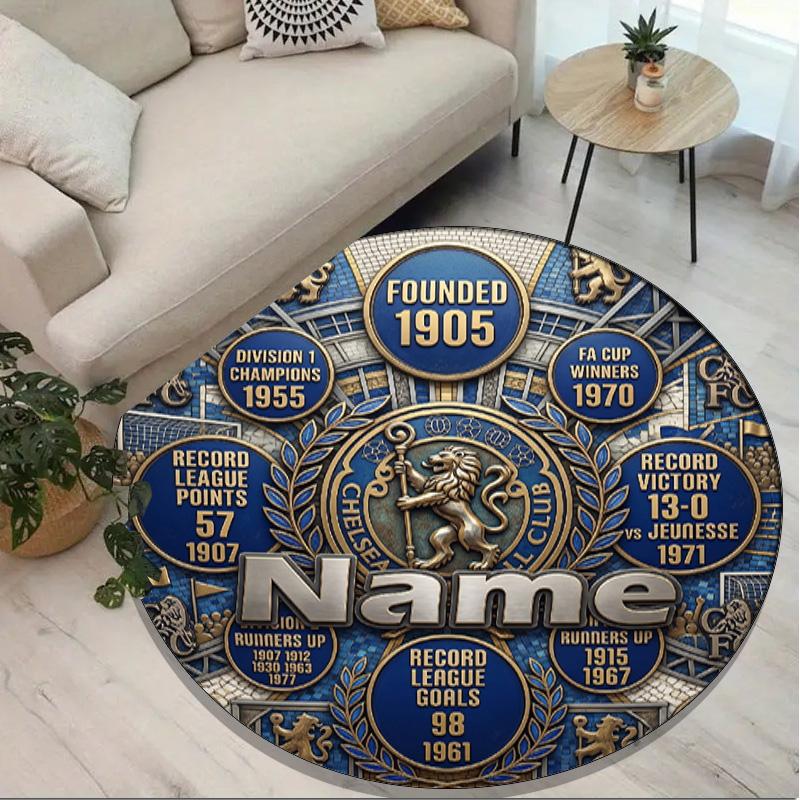 Custom Name Personalized Chelsea Football Club Print Round Rug, Versatile Home Decor Carpet, for Playroom, Apartment, Balcony, Entryway, Hallway Gift