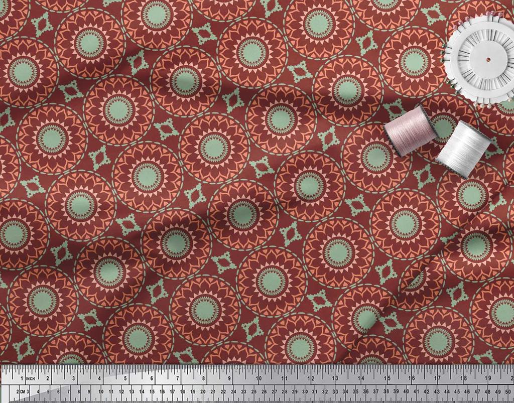 Soimoi Red Japan Crepe Satin Fabric Mandala Geometric Print Fabric by the Metre 42 Inch