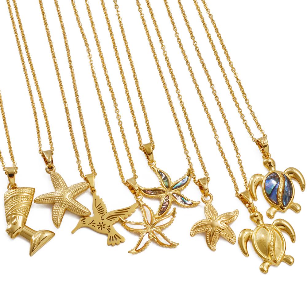 2025 Hawaiian Flowers Guam Puerto Rico Mayotte Necklaces Women Jewelry Stainless Steel Nefertiti Turtle Shell Flamingo #000164