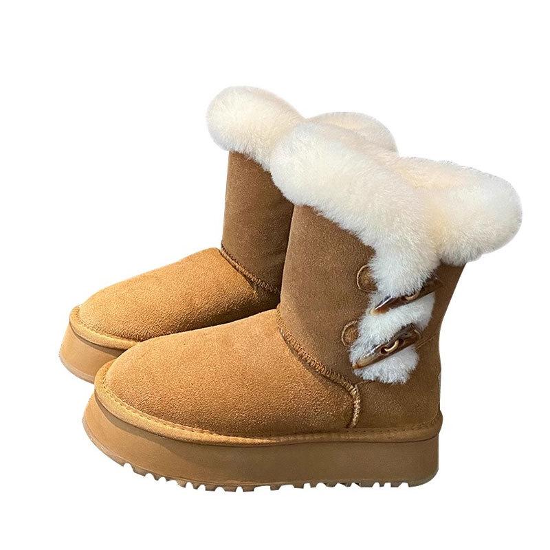 Wear thick-soled snow boots outside, women's medium tube 2025 new winter new products, piled, thickened and lightweight fur integrated cotton shoes