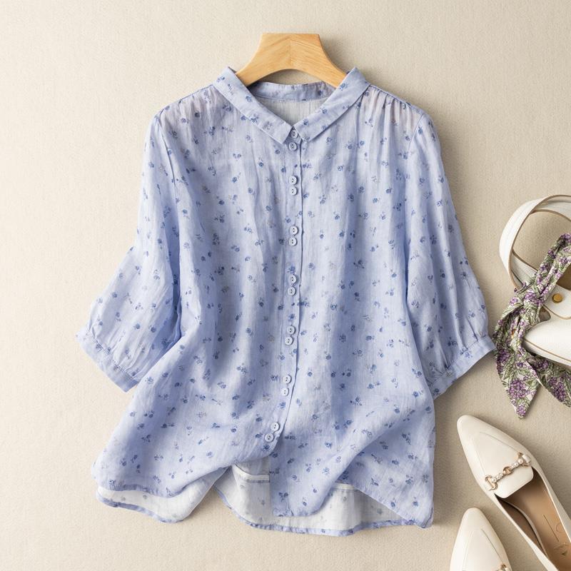 

Блузка з принтом з рукавом сім восьмих Жіноча Літо Нова Вінтажна Мода Повсякденний Вільний Крій Універсальний Топ 3XL синій