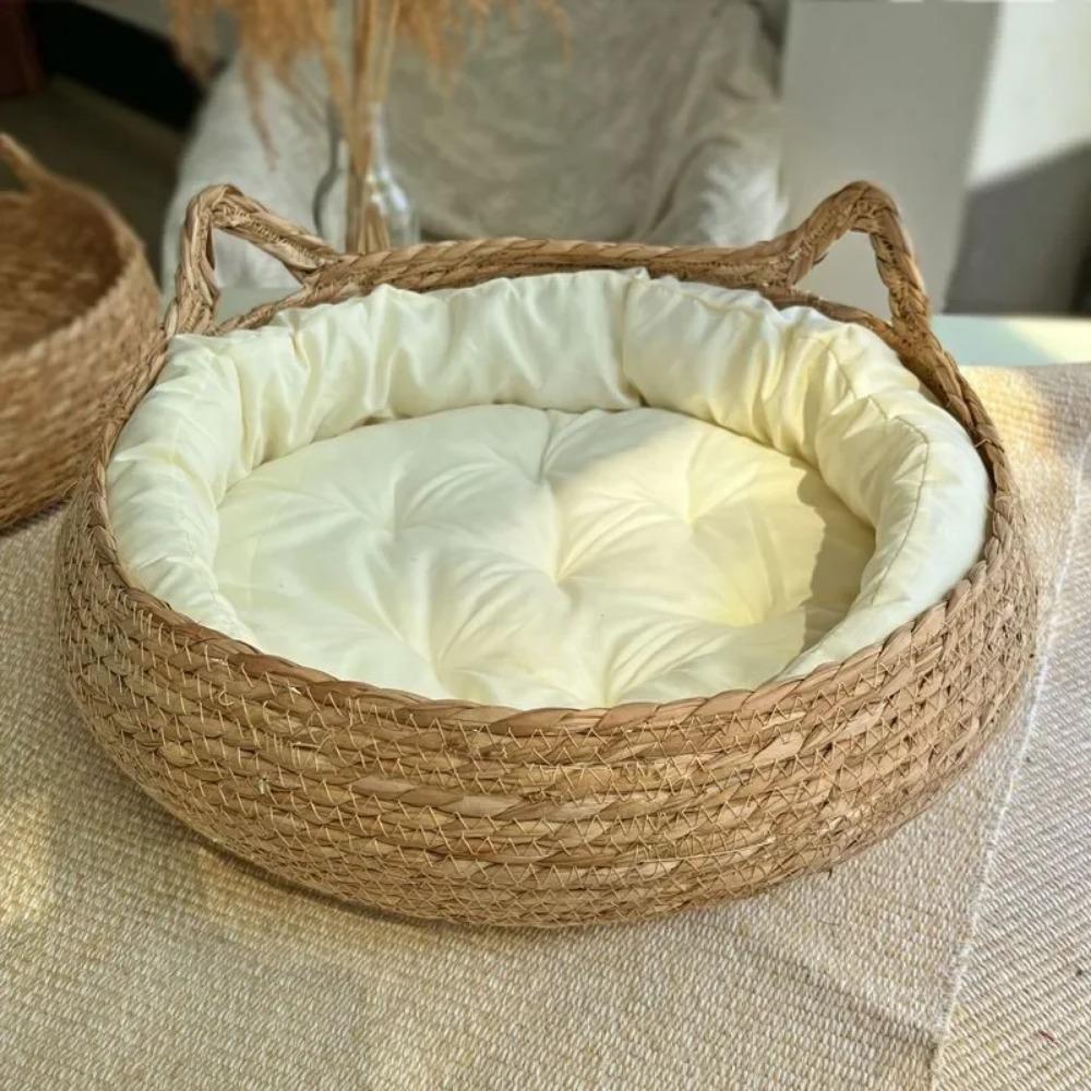 Cat Bed Pet Nest Pure Manual Rattan Woven Cattailgrass Cat Scratch Board Removable Washable Winter Warm Pad All-Season Dog House