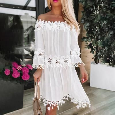 Tube Top Dress Solid Color Lace Stitching Off Shoulder 3/4 Sleeves Pullover Party Wear White Summer Beach Party One Shoulder Dress Women Clothes
