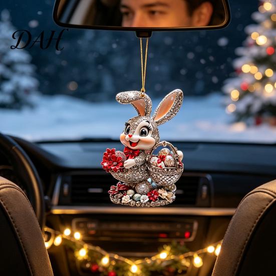 Cute Rabbit Bag Accessory Easter Bunny Acrylic Pendant, with Basket, 2D Car Decorative Charm for Rearview Mirror Hanging Ornament, Keychain Accessory,