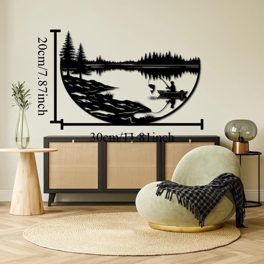 

Handmade Metal Fishing Fisherman Wall Art, Lake Lodge Cabin Decor, Nature Outdoor Forest Landscape Sign, Rustic Man Cave Gift For Him 12in чорний