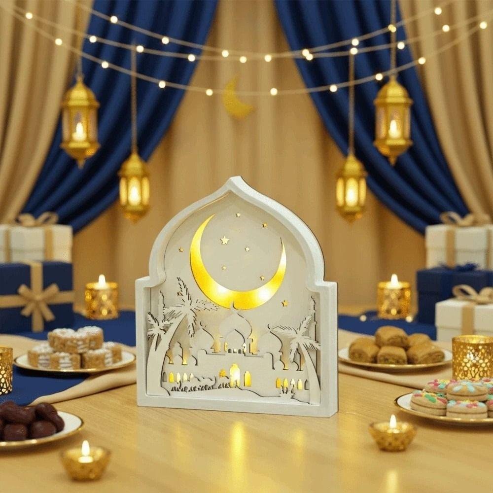 Creative Night Light Ornament LED Eid Wooden Decoration Handmade Eid Desktop Ornament  Scene Layout