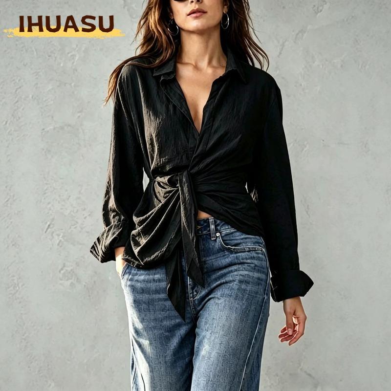 IHUASU Kadın Moda Günlük POLO Yaka Uzun Kollu Bluzlar & Gömlekler