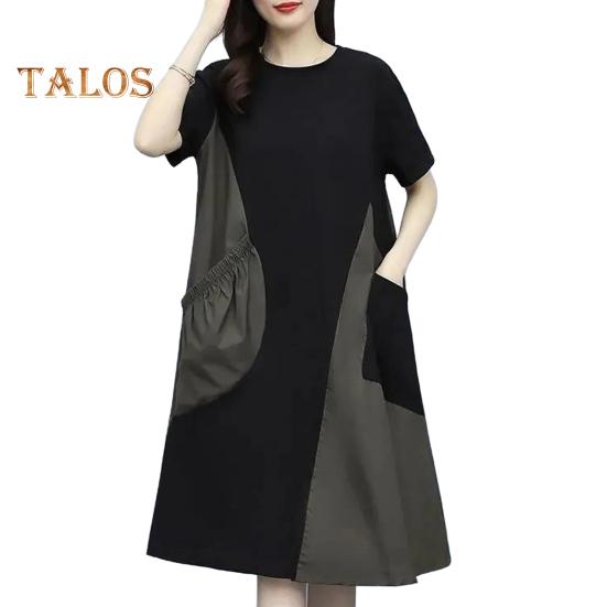 

Женское платье миди с круглым вырезом и коротким рукавом, свободное летнее платье с карманами, цвет пэчворк, легкое повседневное платье 3XL зелёный