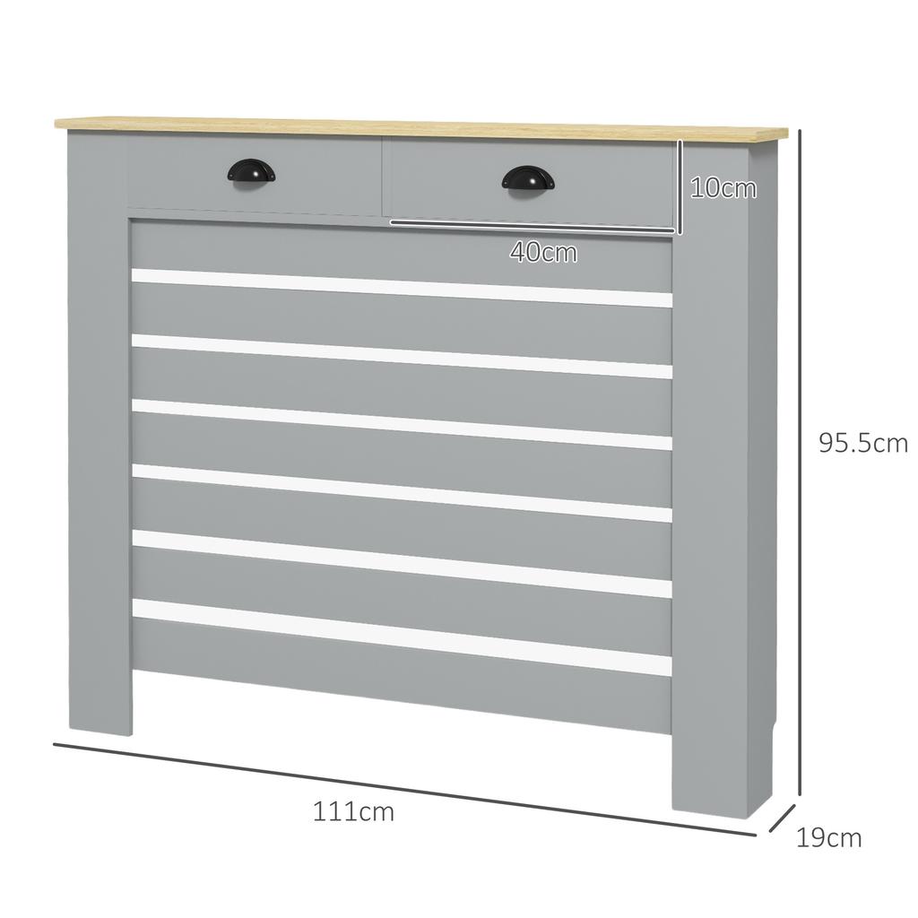 Slatted MDF Radiator Cover, Grille Radiator Cover with 2 Drawers, 111x19x95.5 cm, Grey