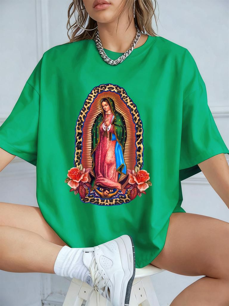 Our Lady Of Guadalupe Prints Short Sleeve T-Shirts Women Polyester Summer Tee Shirts Comfortable Soft O-Neck Tops Sporty Clothes