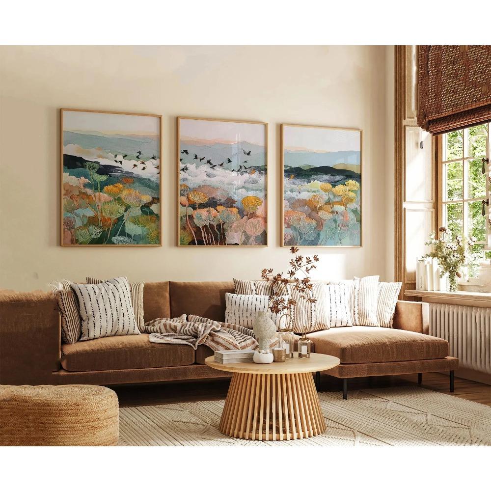 Boho Floral Meadow Wall Art Set, Abstract Wildflower Bird Landscape Canvas Prints, Soft Pastel Nature Home Decor Perfect Gifts