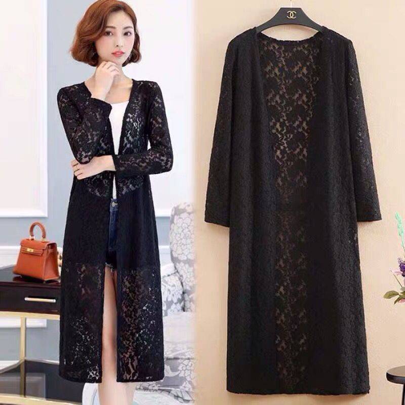 Damen-Sommer-Cardigan aus dünner Spitze, langärmelige Jacke, Schal, Übergröße, äußerer passender Rock