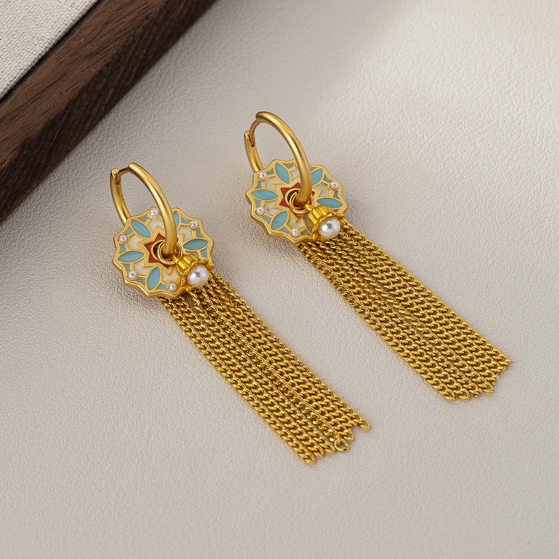 Elegante chinesische Quasten- & Perlenohrringe mit Glasur-Blumendesign für Damen
