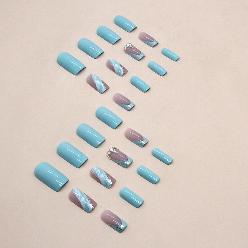 Medium and long European square blue current glitter diamond ins fake nail finished wear nail finished nails