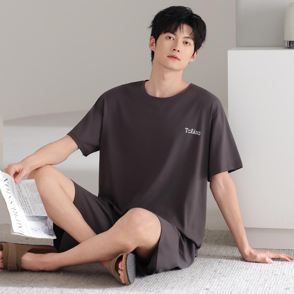 Pure cotton pajamas men's summer breathable simple thin round neck pullover loungewear loose casual short-sleeved shorts set