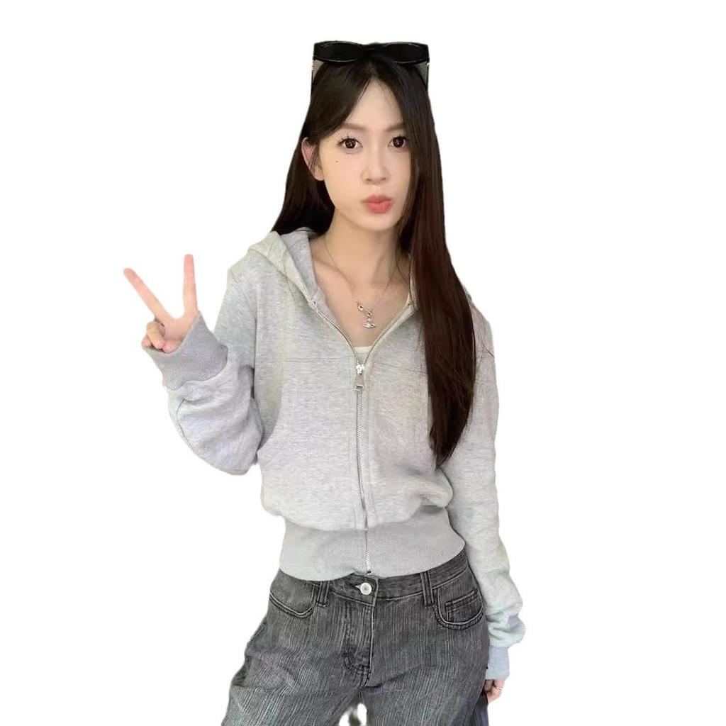 Grey Hooded Zipper Jacket Women's Autumn Korean Version Small Short Cardigan Casual Korean Versatile Sweater
