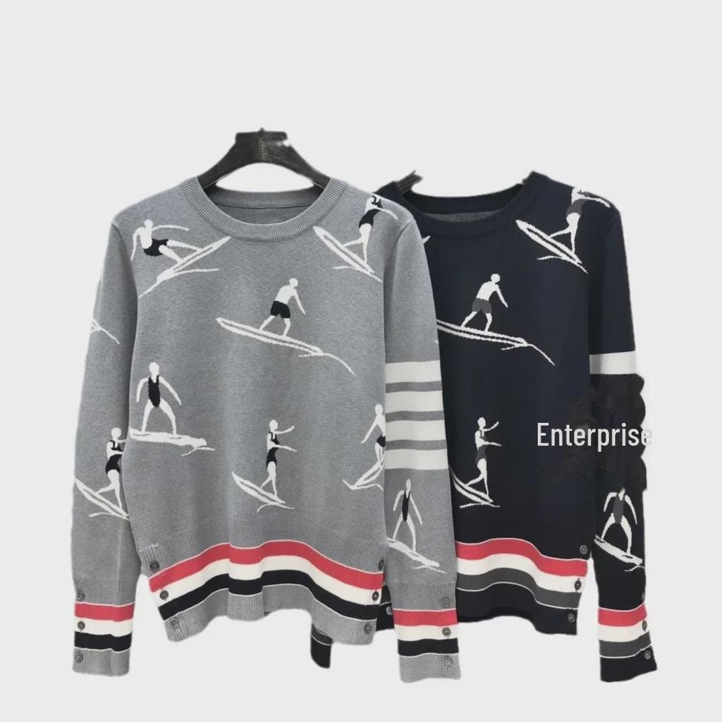 Unisex Knit Surf Jacquard Sweater - Round Neck, Wool, Casual All-Match for Autumn/Winter