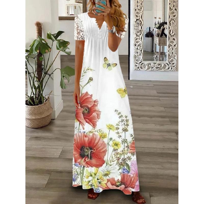 Spring and Summer Casual Women Plus Size Dresses Fashion Printed Lace Long Sleeve Loose Dress Woman Elegant Vintage Vacation Beach Long Dress 26518