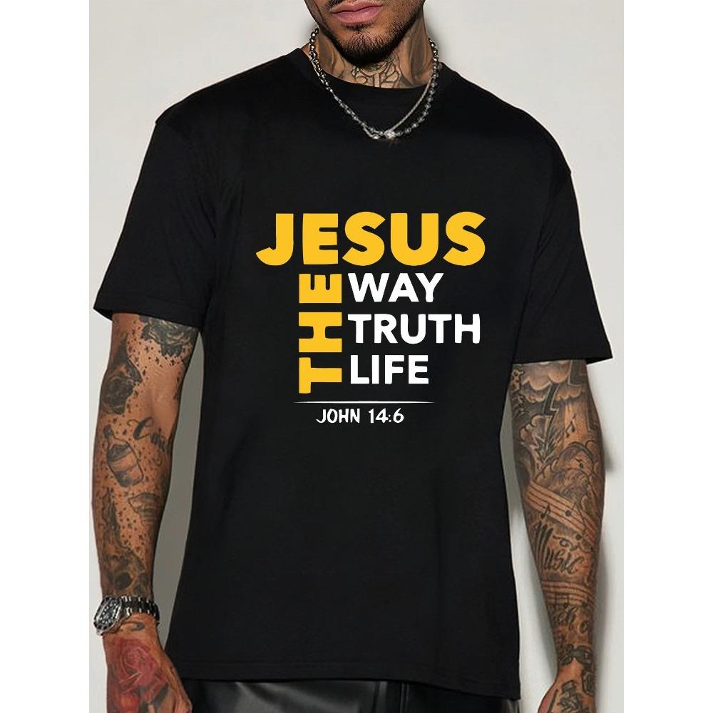 Summer Unisex Short Sleeve Crew Neck T Shirt Jesus The Way Truth Life Bible Text Religious Belief Theme Casual Cotton Streetwear