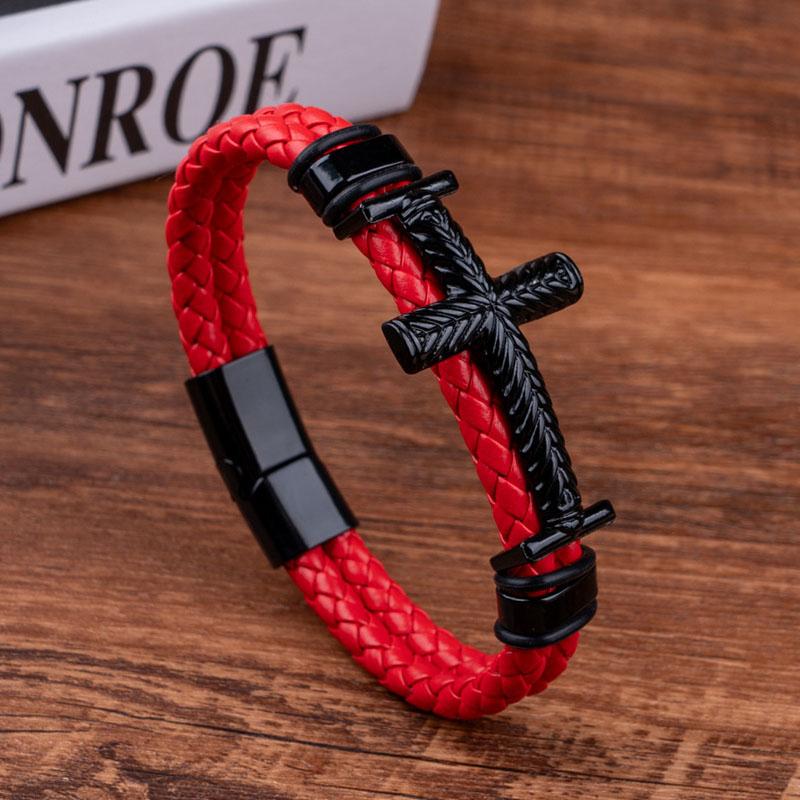 Black Cross Braided Bracelet Retro Spiritual Accessory Multi-Color PU Leather Design Jesus Cross Charm Cuff Bracelts for Man