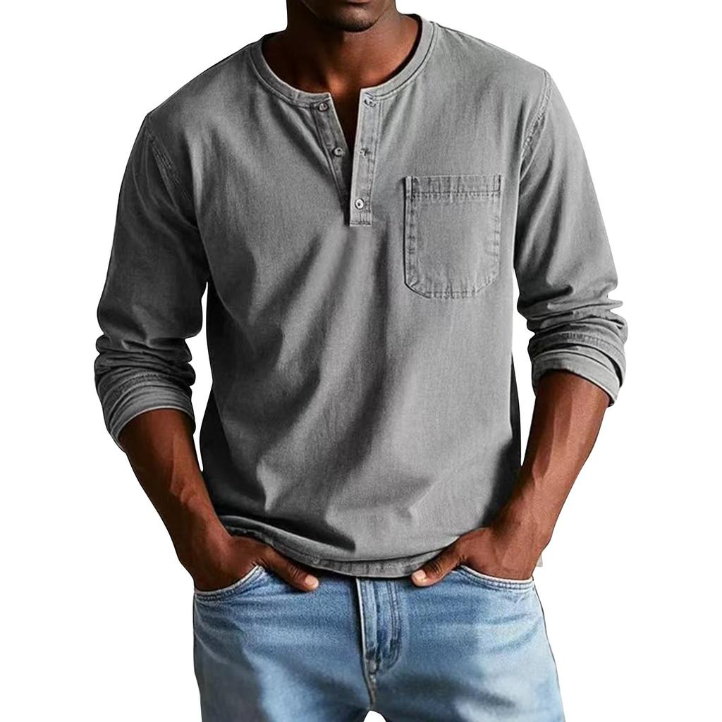 Men's Solid Color Distressed Button Collar Long Sleeve Tops Men's Casual Fashion Tops