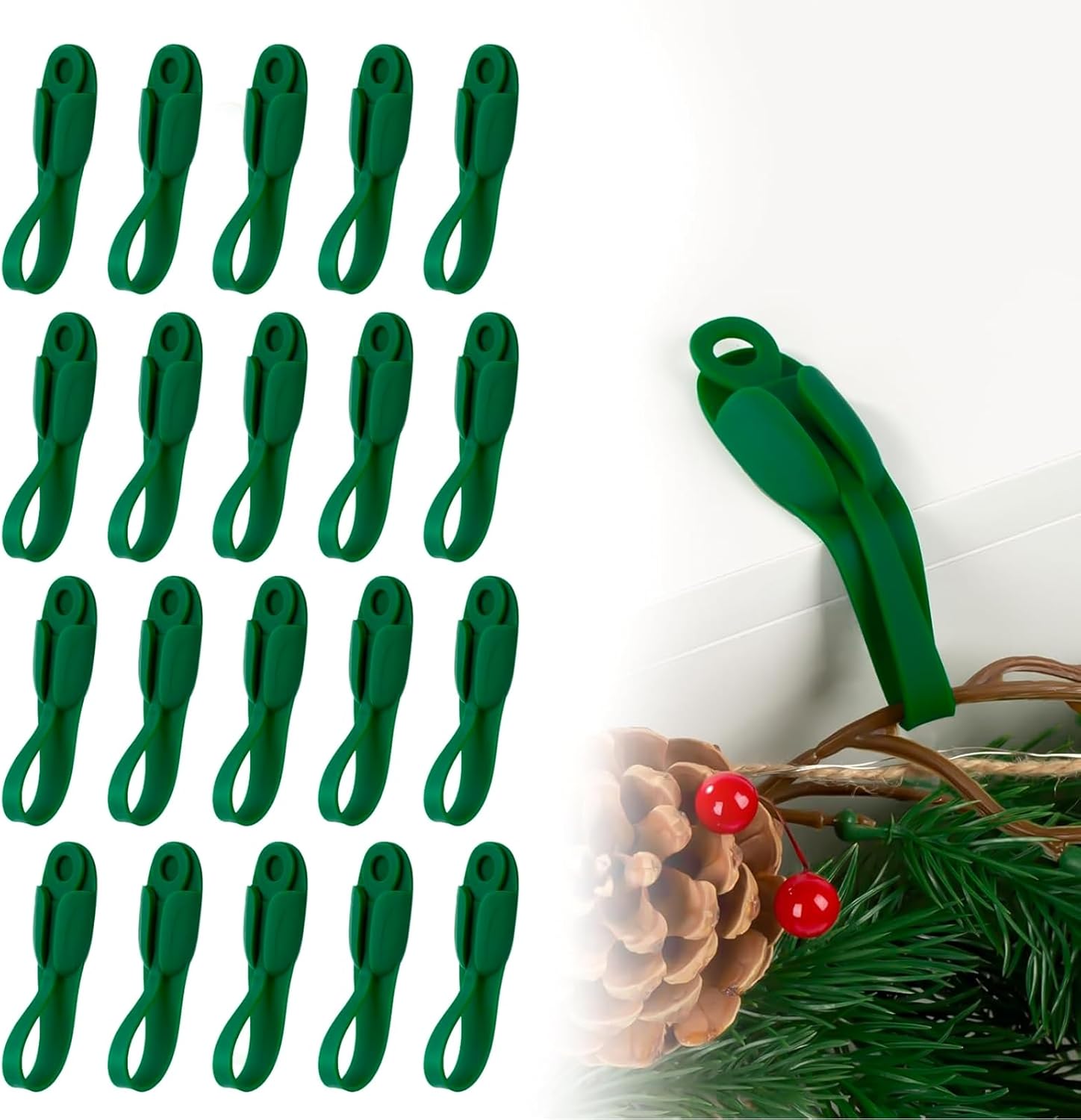 

20 Pcs Christmas Garland Ties, Silicone Adhesive Hangers for Mantle, Fireplace, Wreath 20pcs зелений