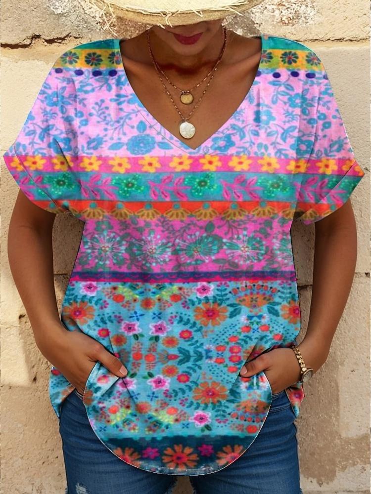 

Summer new ladies T-shirt 3d retro floral print V-neck short-sleeved top S