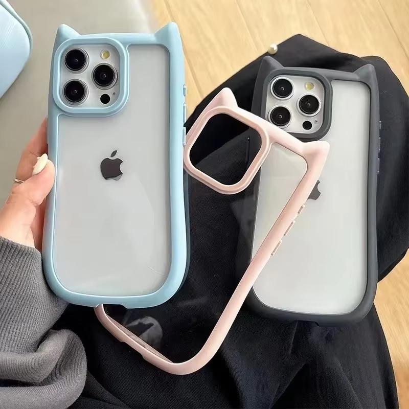 Soft Silicone Cute Cat Ear Phone Case For iPhone 16 17 15 13 14 12 11 18 Pro Max XS Max Funda Transparent Shockproof Back Cover