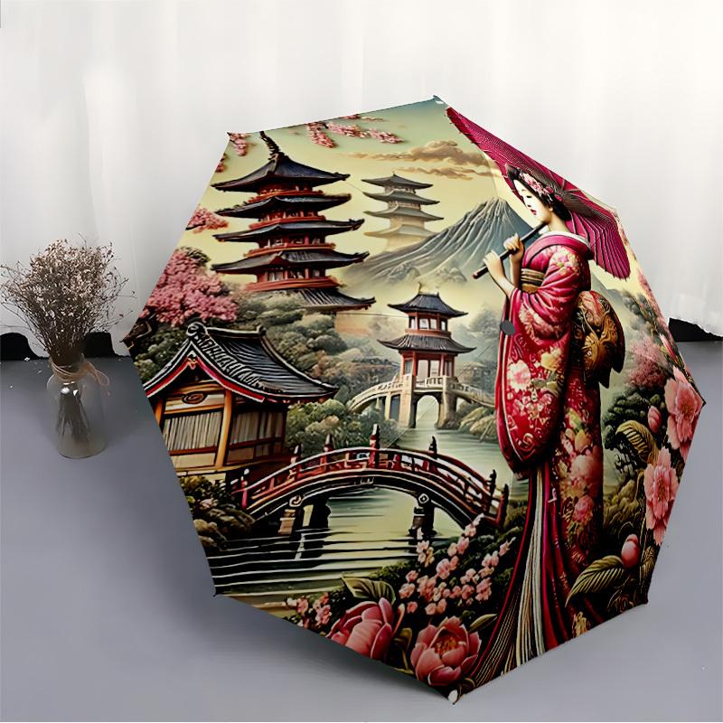 1pc Geisha Blossoms Automatic Open/Close Umbrella, Windproof, Folding Compact Umbrella with Lightweight Design for Women/Men037