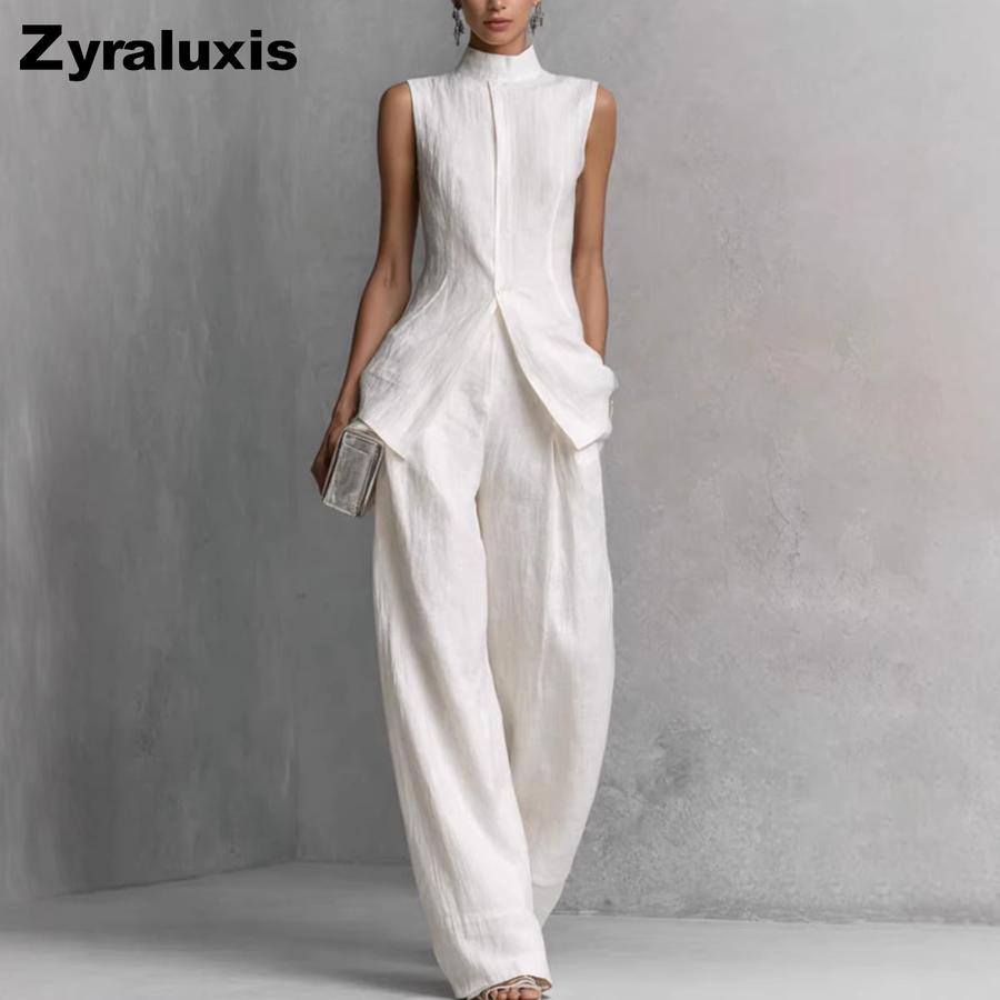 Completo Camicia Lino Cotone Donna Estate Senza Maniche Pantaloni Lunghi Completo