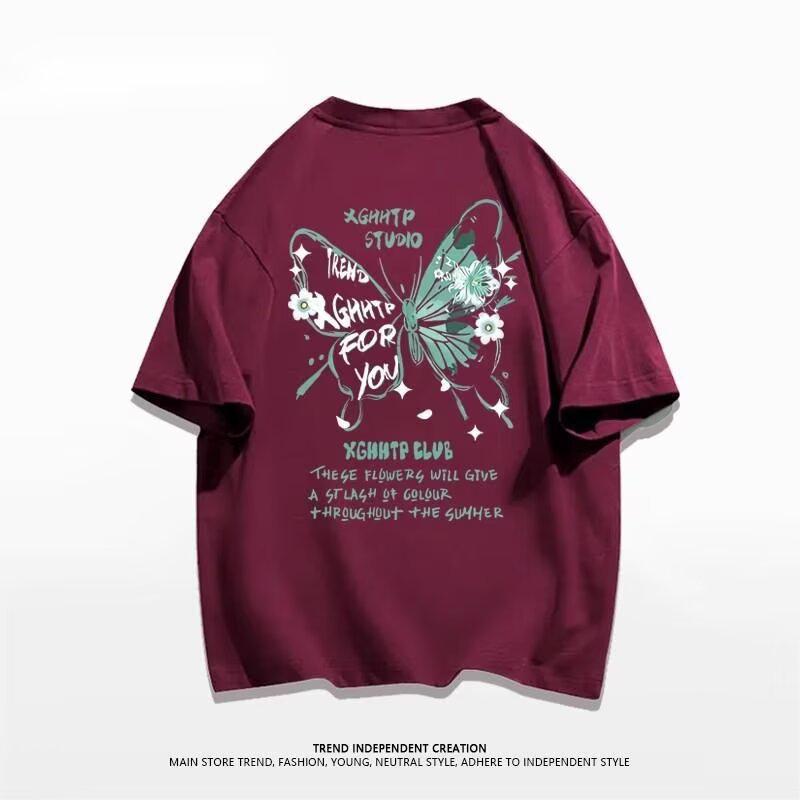 

Butterfly Print Women s Short Sleeve Loose T-shirt, 2025 Summer Style, Round Neck Medium вино красного
