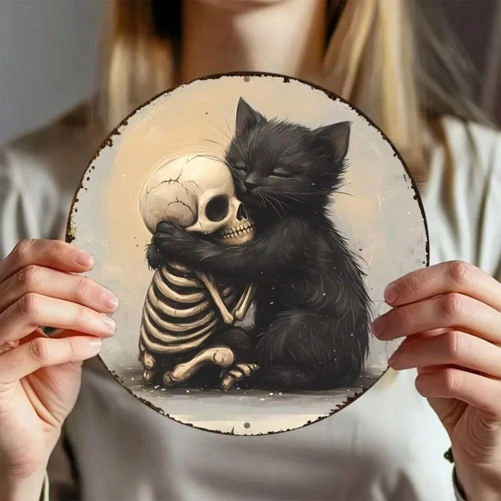 Metal Poster Wall Art Black Cat Skull Vintage Sign for Bar Home Decor