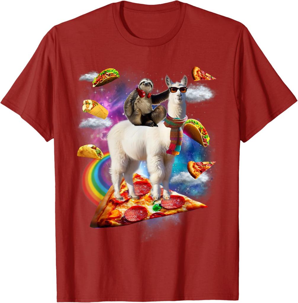 Bradipo che cavalca un lama nella Galassia della Pizza Taco Maglietta Grafica Divertente Casual Unisex Maglietta da Viaggio