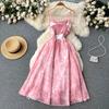 Women Floral Spaghetti Strap Dress Elastic Ruched Sexy Hollow Backless Party Dress Summer Boho Vacation Beach Sundress