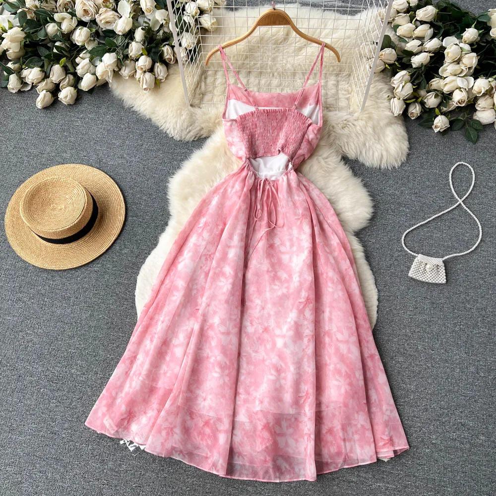 Women Floral Spaghetti Strap Dress Elastic Ruched Sexy Hollow Backless Party Dress Summer Boho Vacation Beach Sundress