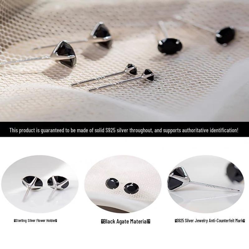 Black Zircon Diamond Stud Earrings with Four-Prong Set, S925 Silver Needle, Versatile Mini Rhinestone Jewelry for Women