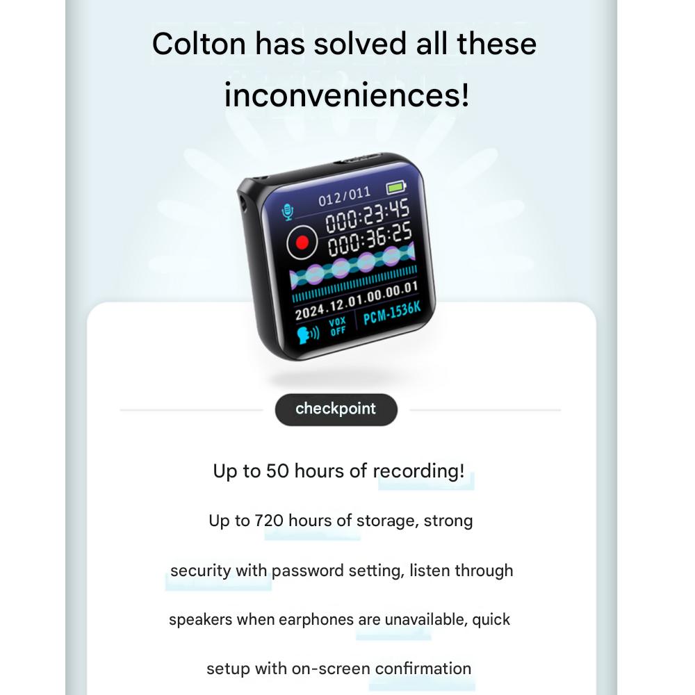 Colton Ultra-compact Voice Recorder 32GB 50-Hour Long-Lasting Portable Small