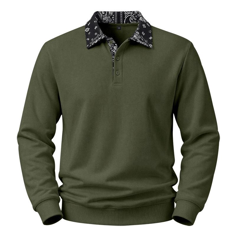 Mens Paisley Pattern Fleece Long Sleeve Polo Shirt American High Street Style