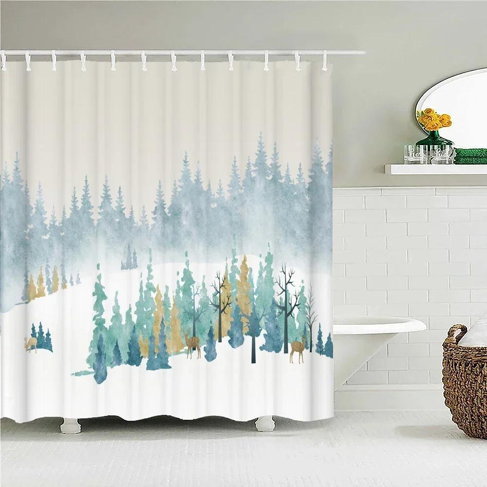 Winter Forest Shower Curtains Snow-Covered Pine Alpine Peaks Idyllic Early Morning Scenery Seasonal Christmas Elk Bathroom Decor