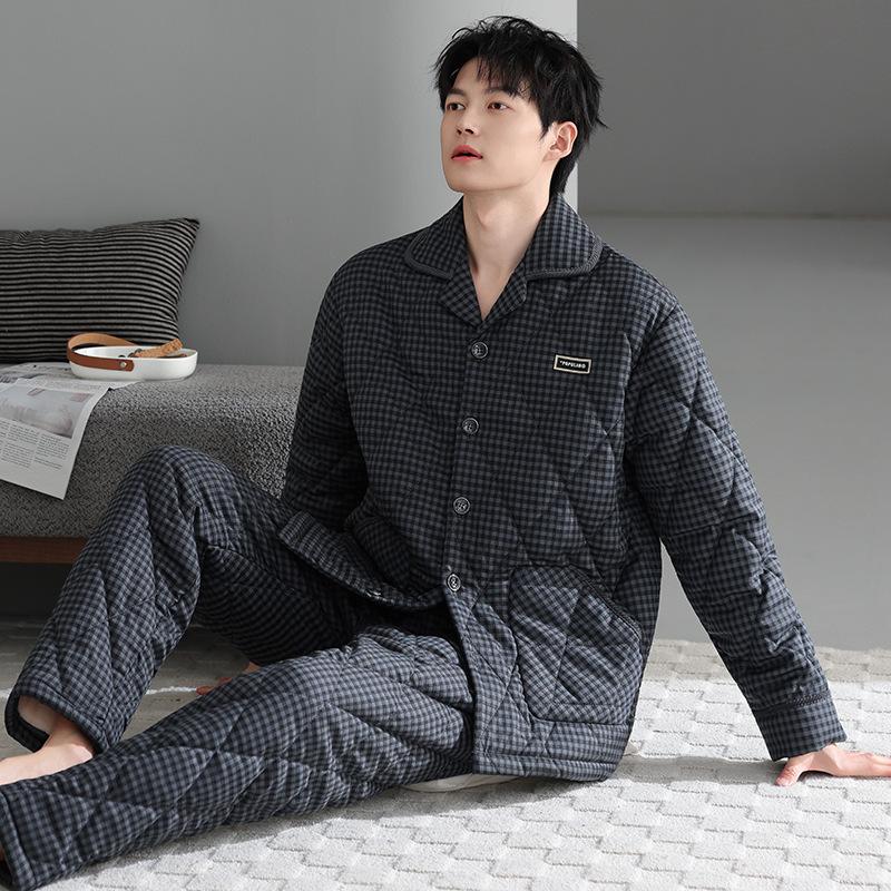 Pyjama d'hiver rembourré en coton épais à trois couches 100 % pur pour homme, veste rembourrée, vêtements d'intérieur chauds pour homme automne et hiver, grande taille
