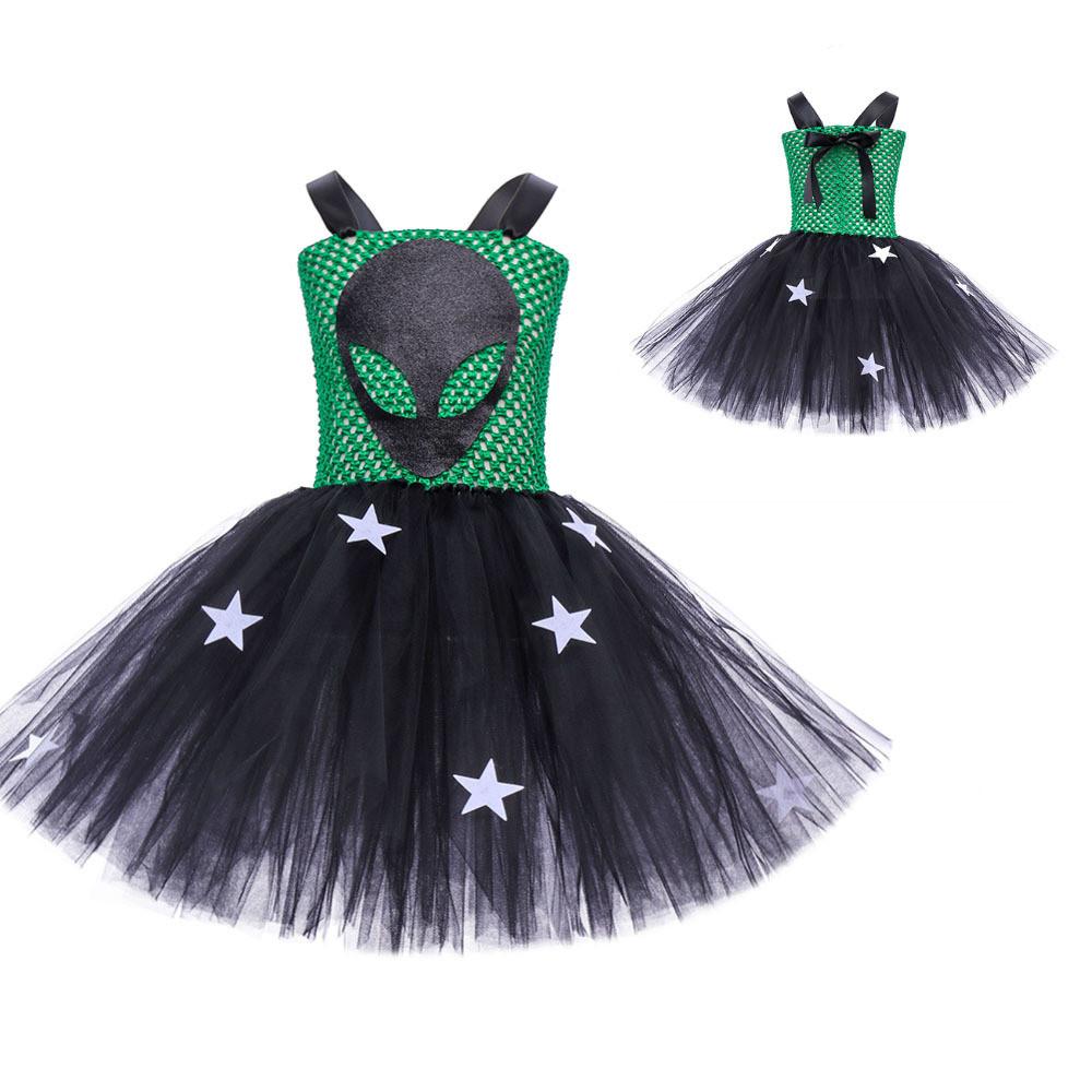 Crianças Meninas Alien Palhaço Circo Vestido Tutu de Malha Conjunto de Adereços de Cabeça Crianças Halloween Fantasias Cosplay Criança Faz de Conta Princesa Festa Role Play Roupa
