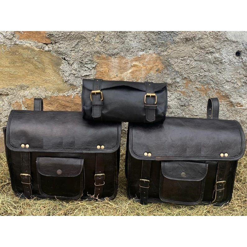 

Leather Black Saddle Bags Motorcycle Pouch Bag Three Bags Pannier Saddle Bags Set Of Three Bags For Sportscaster