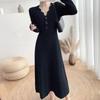 Wave V-neck breasted knitted dress women's autumn and winter new medium and long waist and thin bottom sweater skirt