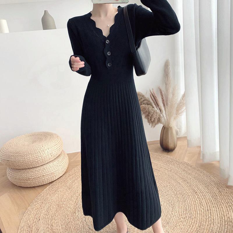 Wave V-neck Breasted Knitted Dress Women's Autumn and Winter New Medium and Long Waist and Thin Bottom Sweater Skirt
