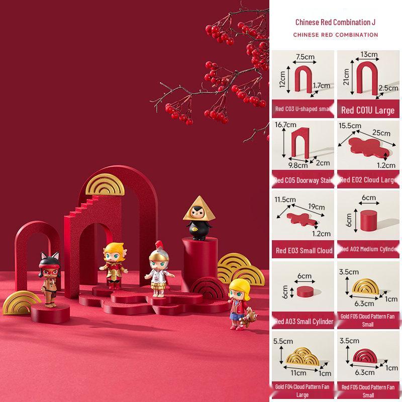 Chinese Red Geometric Photography Props: New Year Theme Still Life Display Stand