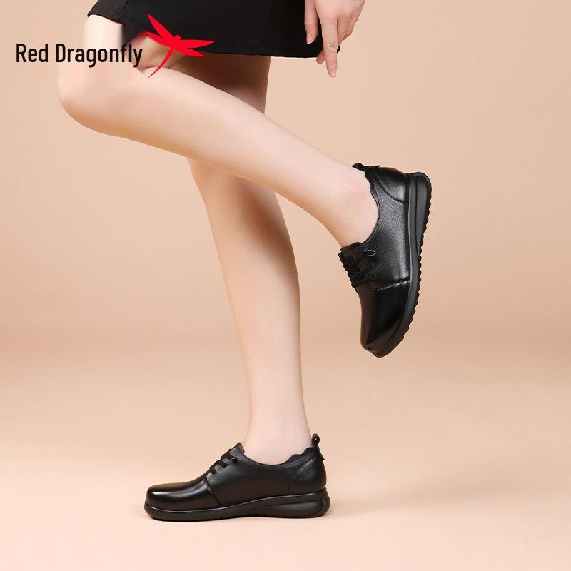 Red Dragonfly Women's Genuine Leather Flat Casual Shoes - Soft Sole Cowhide Mother’s Spring Work Shoes